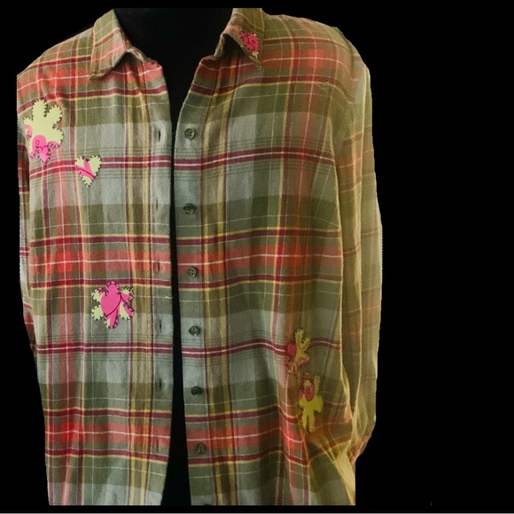Upcycled Plaid Shirt with Floral Patch and Bigfoot/Yeti - Picture 8 of 11